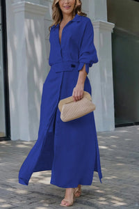Hannelotte | Damen Blusenkleid Maxikleid mit Gürtel in Blau