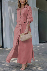 Hannelotte | Damen Blusenkleid Maxikleid mit Gürtel in Rosa