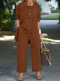 Henriette | Damen Dreiteiler Set mit Weiter Hose in Dunkelbraun