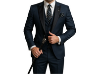 Herren Anzugset mit Sakko, Weste und Hose mit Reverskragen in Marineblau