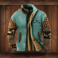 Alexander | Herren Fleece-Outdoorjacke mit Azteken-Muster Sherpa-Futter Reißverschluss in Blau 2