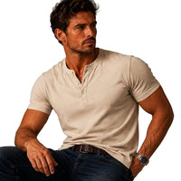 Herren Kurzarm Oberteil mit Drei Knopf Leiste in Beige