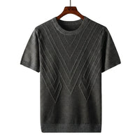Herren Kurzarm Strickoberteil mit geometrischem V Muster in Grau