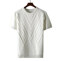 Herren Kurzarm Strickoberteil mit geometrischem V Muster in Weiß