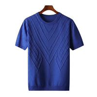 Herren Kurzarm Strickoberteil mit geometrischem V Muster in Königsblau