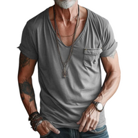 Herren Kurzarm T-Shirt mit V-Ausschnitt und Brusttasche in Grau