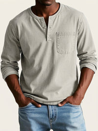 Herren Langarm-Henleyshirt mit Knopfleiste und Brusttasche in Hellgrau