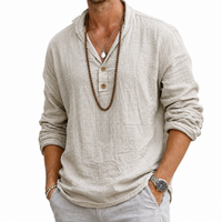 Herren-Langarmhemd mit Henley-Ausschnitt und Knopfleiste in Beige