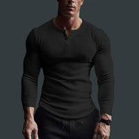 Herren Langarmshirt mit Rippstruktur und Knopfleiste in Schwarz