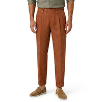 Herren-Leinenhose mit geradem Bein und Bundfalten in Braun