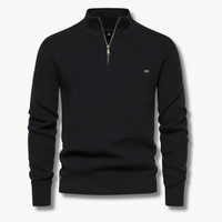 Herren Pullover mit Halb-Reißverschluss, Stehkragen und Rippstruktur in Schwarz