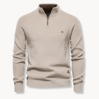 Herren Pullover mit Halb-Reißverschluss, Stehkragen und Rippstruktur in Beige
