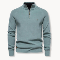 Herren Pullover mit Halb-Reißverschluss, Stehkragen und Rippstruktur in Hellblau