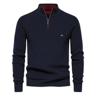 Herren Pullover mit Halb-Reißverschluss, Stehkragen und Rippstruktur in Marineblau