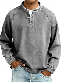 Dominik | Herren Retro Henley Knit Sweater Langarm Used-Look Pullover in Grau