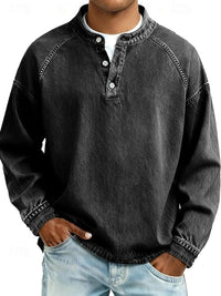Dominik | Herren Retro Henley Knit Sweater Langarm Used-Look Pullover in Schwarz