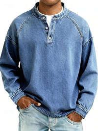 Dominik | Herren Retro Henley Knit Sweater Langarm Used-Look Pullover in Hellblau