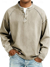 Dominik | Herren Retro Henley Knit Sweater Langarm Used-Look Pullover in Khaki