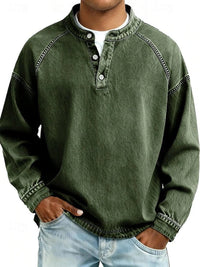 Dominik | Herren Retro Henley Knit Sweater Langarm Used-Look Pullover in Dunkelgrün