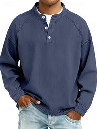 Dominik | Herren Retro Henley Knit Sweater Langarm Used-Look Pullover in Dunkelblau