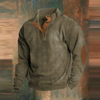 Maximilian | Herren Retro Rippstrick Pullover mit Knopfkragen und Ellbogenpatches in Grün