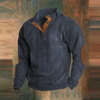 Maximilian | Herren Retro Rippstrick Pullover mit Knopfkragen und Ellbogenpatches in Marineblau