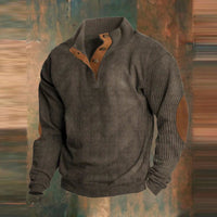 Maximilian | Herren Retro Rippstrick Pullover mit Knopfkragen und Ellbogenpatches in Braun