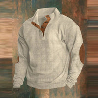 Maximilian | Herren Retro Rippstrick Pullover mit Knopfkragen und Ellbogenpatches in Beige