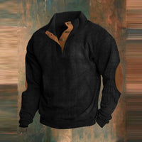 Maximilian | Herren Retro Rippstrick Pullover mit Knopfkragen und Ellbogenpatches in Schwarz