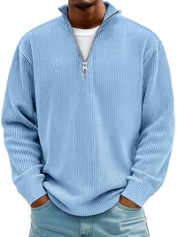 Simon | Herren Rippstrick Quarter-Zip Pullover Sweater mit Stehkragen in Blau