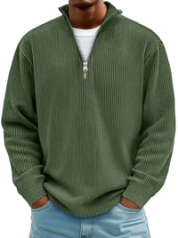 Simon | Herren Rippstrick Quarter-Zip Pullover Sweater mit Stehkragen in Olivgrün