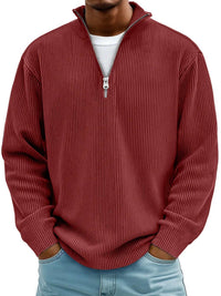 Simon | Herren Rippstrick Quarter-Zip Pullover Sweater mit Stehkragen in Rot