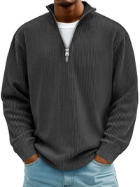 Simon | Herren Rippstrick Quarter-Zip Pullover Sweater mit Stehkragen in Schwarz