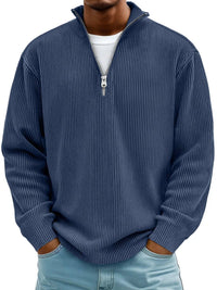 Simon | Herren Rippstrick Quarter-Zip Pullover Sweater mit Stehkragen in Marineblau