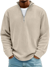 Simon | Herren Rippstrick Quarter-Zip Pullover Sweater mit Stehkragen in Khaki