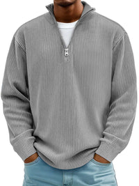 Simon | Herren Rippstrick Quarter-Zip Pullover Sweater mit Stehkragen in Grau