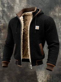Niklas | Herren Steppjacke mit Fleecefutter Kapuze Reißverschluss Lederdetails in Schwarz