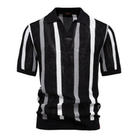 Herren-Strick-Poloshirt mit Streifenmuster in Schwarz