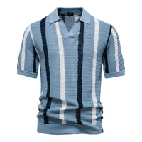Herren-Strick-Poloshirt mit Streifenmuster in Blau