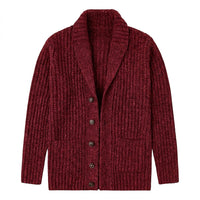 Herren-Strickjacke mit Schalkragen und grobem Strickmuster in Rot