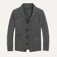 Herren-Strickjacke mit Schalkragen und Zopfmuster in Dunkelgrau