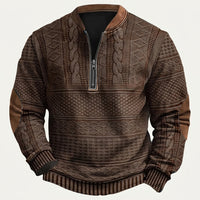 Herren-Strickpullover mit Muster, halbem Reißverschluss und Ellbogen-Patches in Dunkelbraun