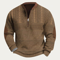 Herren-Strickpullover mit Muster, halbem Reißverschluss und Ellbogen-Patches in Hellbraun