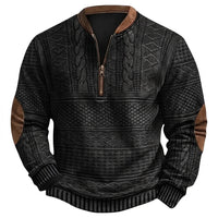 Herren-Strickpullover mit Muster, halbem Reißverschluss und Ellbogen-Patches in Schwarz