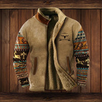 Niklas | Herren Western-Cardigan Fleece gefüttert mit Azteken-Aufdruck in Braun mit Aufdruck