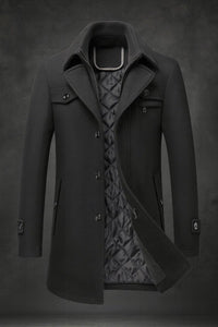 Dominik | Herren Wool Coat gefütterter Wollmantel mit Doppelkragen in Schwarz