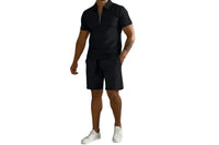 Herren Zweiteiliges Set Poloshirt mit Reißverschluss und kurze Hose in Schwarz