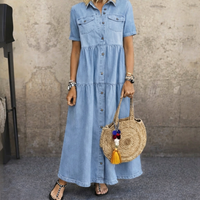 Elizabeth | Damen Maxikleid mit kurzen Ärmeln und Taschen in Himmelblau