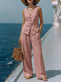 Zeitloses Weißes Baumwoll-Leinen Top mit Quadrat-Ausschnitt und Passenden Capri-Hosen Set in Rosa