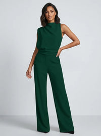 Damen Hochkragen Ärmelloser Jumpsuit mit Weitem Bein und Taschen in Grün